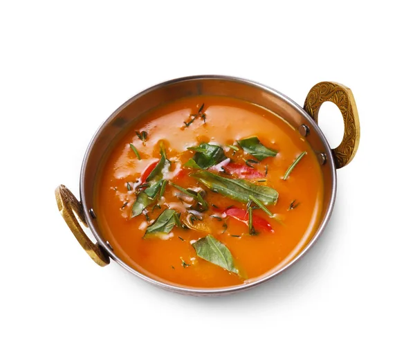 Vegano y vegetariano plato de cocina india, sopa cremosa de tomate picante —  Fotos de Stock