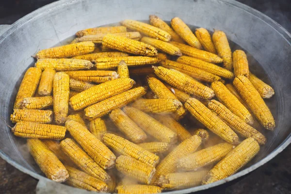 Mazorcas de maíz frescas cocinadas en olla de caldero de metal — Foto de Stock