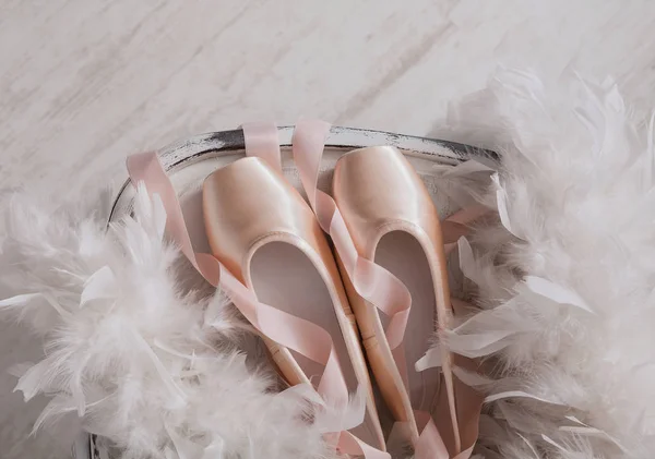 Zapatillas y plumas de ballet rosa sobre fondo de madera blanca —  Fotos de Stock