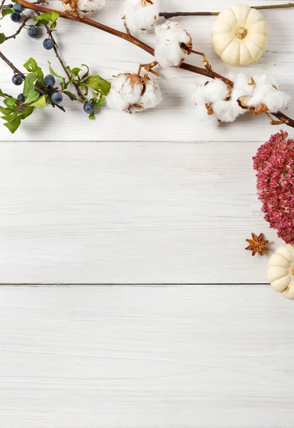 Herbstborte aus getrockneten Blumen auf weißem Holz, Hintergrund — Stockfoto