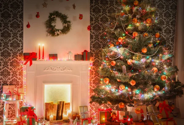 Christmas room interior design, decorated tree in garland lights