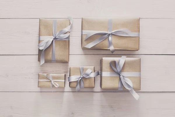 Top view of present boxes on white with copy space — Stock Photo, Image