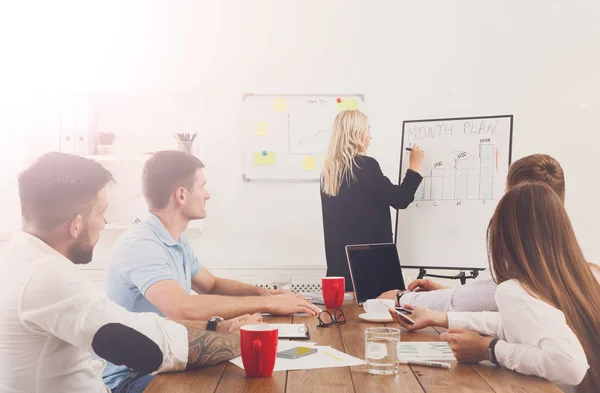 Projectpresentatie. Jonge hipsters zakenmannen en -vrouwen op mo — Stockfoto