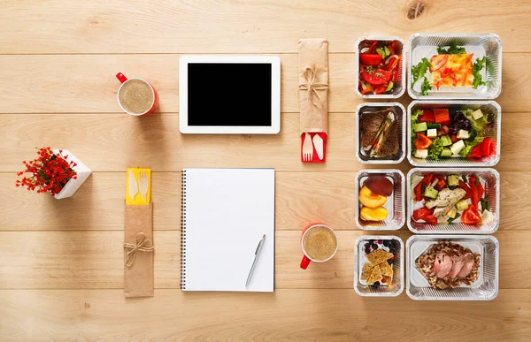 Healthy food take away in boxes, top view at wood — Stock Photo, Image