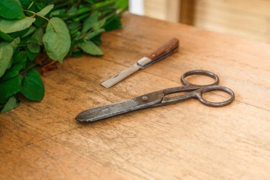 Çiçekçi iş. Çiçek Dükkanı teslim, gül buketi ve araçları