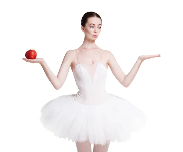 Bellissima ballerina con mela e spazio copia in mano — Foto Stock