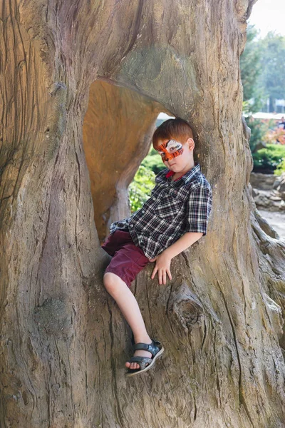 Chłopiec dziecko na zewnątrz siedzieć w drzewo z malowanie twarzy motyla — Zdjęcie stockowe
