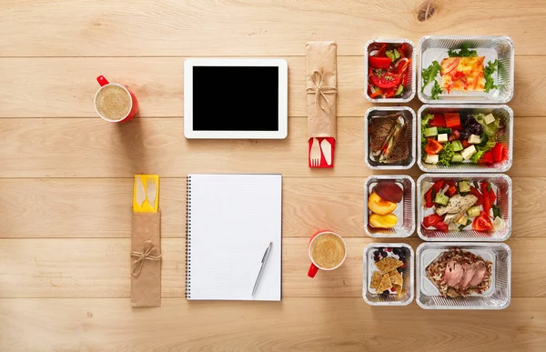 Healthy food take away in boxes, top view at wood — Stock Image Healthy food take away in boxes, top view at wood Stock Image