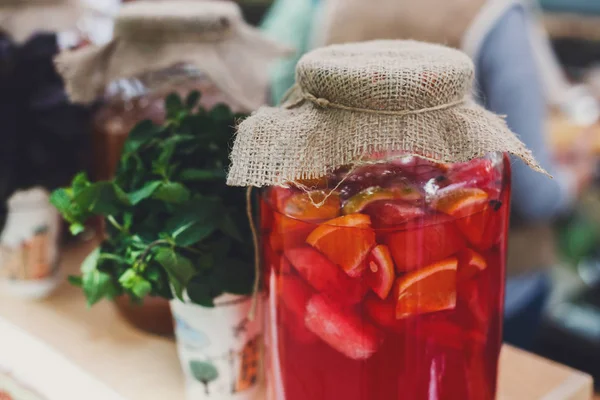 Closeup of lemonades in glass jars at restaurant background — Stock Photo, Image