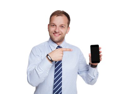 Cep telefonu üzerinde beyaz izole ile genç işadamı