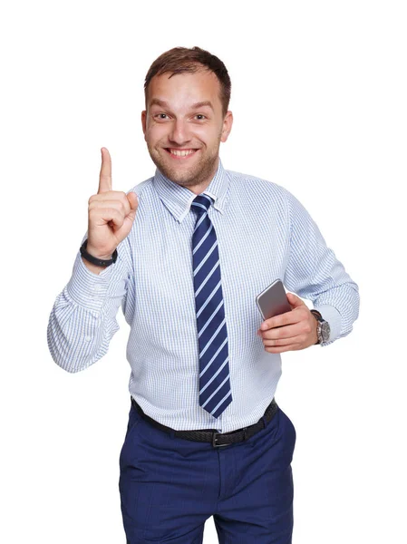 Joven hombre de negocios con teléfono móvil aislado en blanco — Foto de Stock