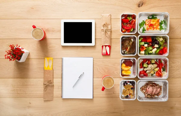 Healthy food take away in boxes, top view at wood — Stock Photo, Image