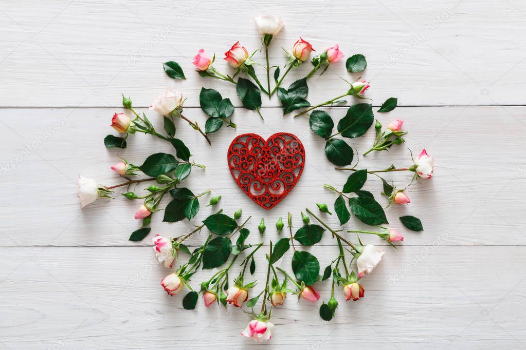 Valentine day background, heart and flowers on white wood