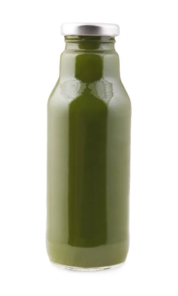 Abacate e espinafre garrafa de suco de smoothie isolado no fundo branco — Fotografia de Stock