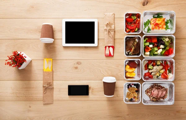 Egészséges étel eltesz dobozok, felülnézet, fa — Stock Fotó