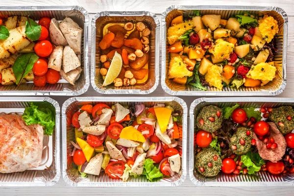 Comida saudável tirar, vista superior no fundo de madeira — Fotografia de Stock