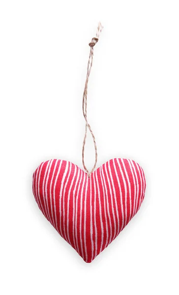 Red striped sewed pillow heart isolated on white background, valentine — Stock Photo, Image