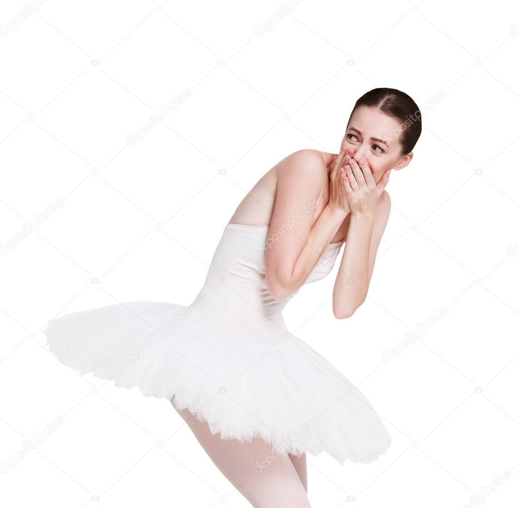 Confused laughing ballerina portrait isolated on white background