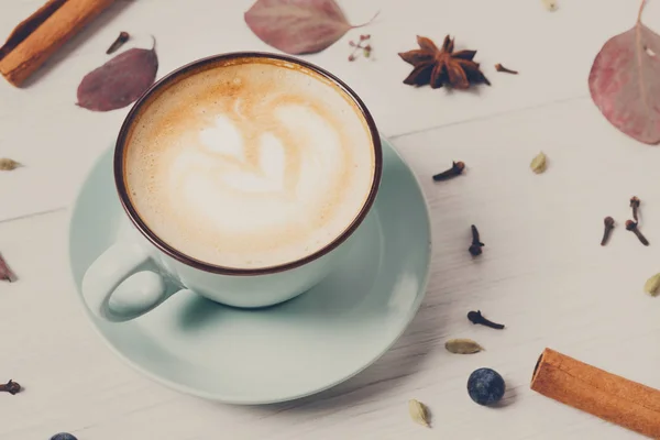 Beyaz ahşap zemin üzerinde baharatlı cappuccino kahve Kupası — Stok fotoğraf
