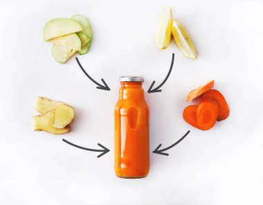 Beyaz arka plan üzerinde izole doğal detoks havuç smoothie maddeler
