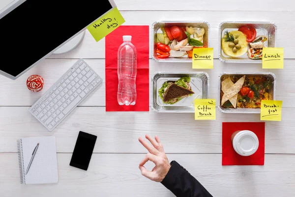 Healthy daily meals in office, top view at wood — Stock Photo, Image