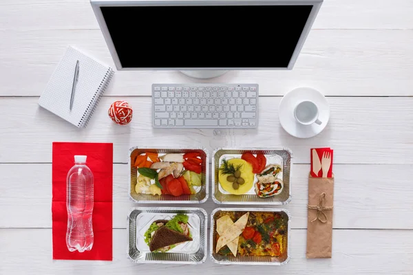 Healthy daily meals in office, top view at wood — Stock Photo, Image