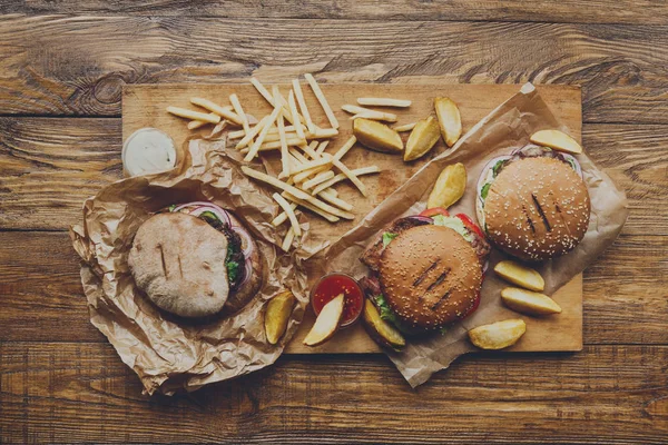 Fast food take away top view. Hamburger and fries