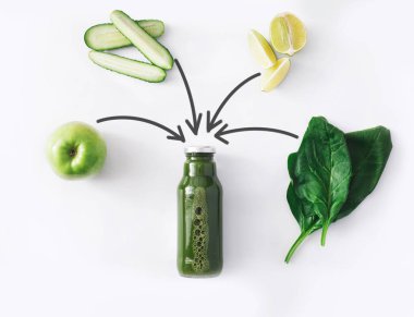 Beyaz arka plan üzerinde izole doğal detoks yeşil smoothie maddeler