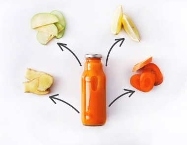 Beyaz arka plan üzerinde izole doğal detoks havuç smoothie maddeler