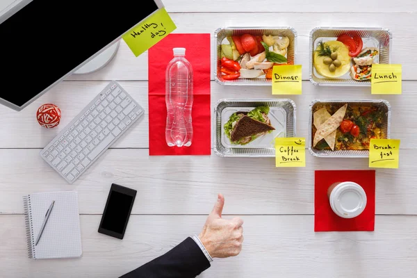 Healthy daily meals in office, top view at wood — Stock Photo, Image