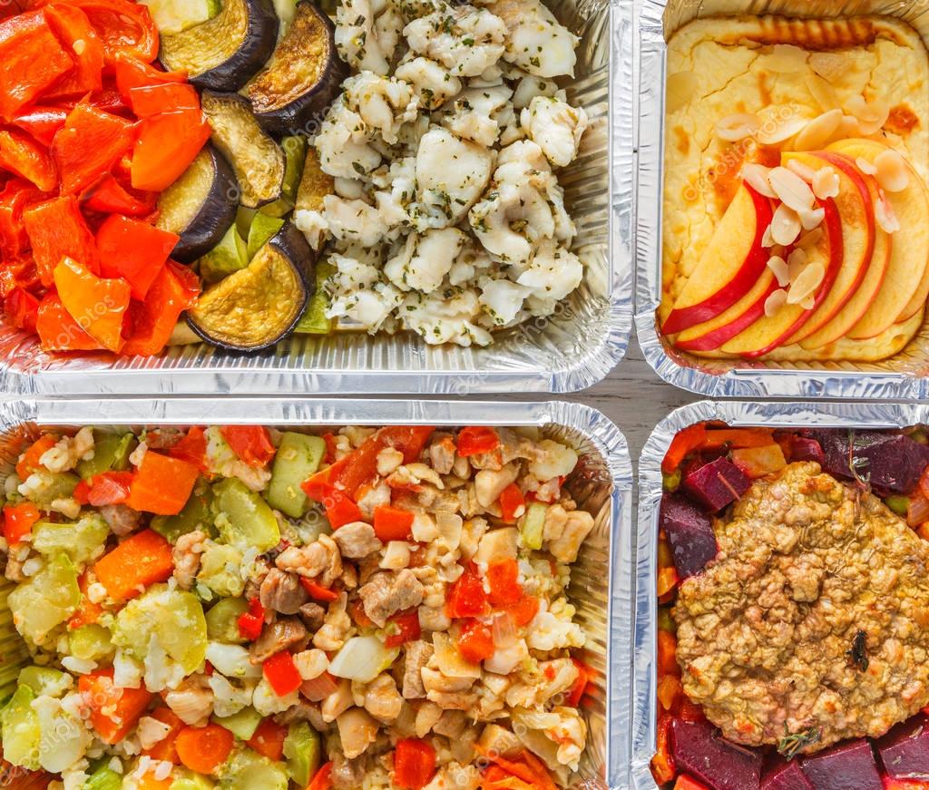 What Is A Healthy Take Out Food Healthy food take away, top view at wood background — Stock Photo