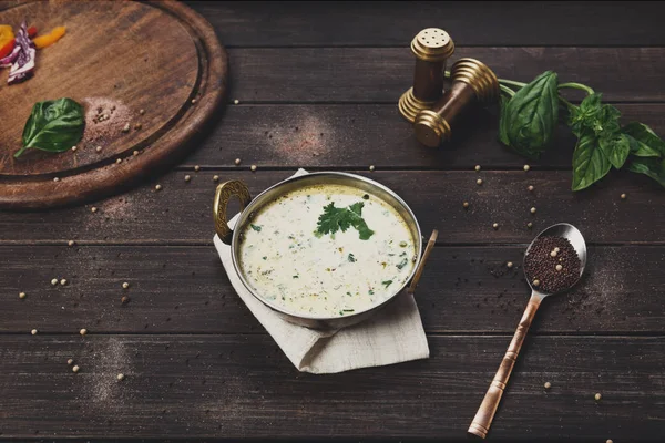 Vegan and vegetarian indian cuisine dish, cold yoghurt raita soup