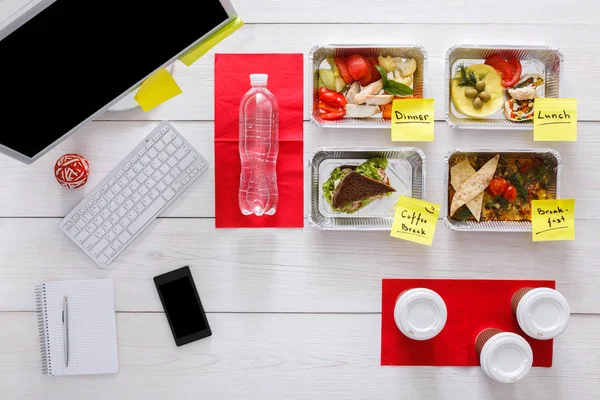 Healthy daily meals in office, top view at wood — Stock Photo, Image