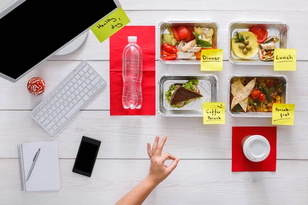 Healthy daily meals in office, top view at wood — Stock Photo, Image