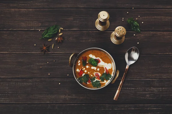 Vegan and vegetarian indian cuisine dish, spicy lentil dahl soup