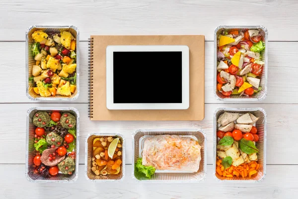 Healthy food online order in boxes, top view at wood — Stock Photo, Image