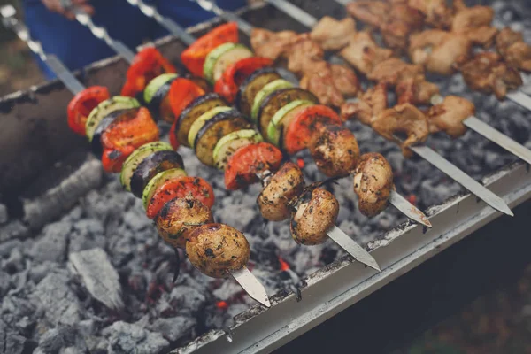 Sığır eti ve tavuk kebap. Taze et mangal, Barbekü — Stok fotoğraf