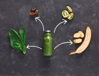 Siyah arka plan üzerine doğal detoks yeşil smoothie maddeler