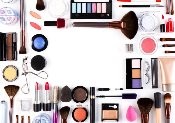 Make-up cosmetica tools en essentials achtergrond, kopie ruimte — Stockfoto
