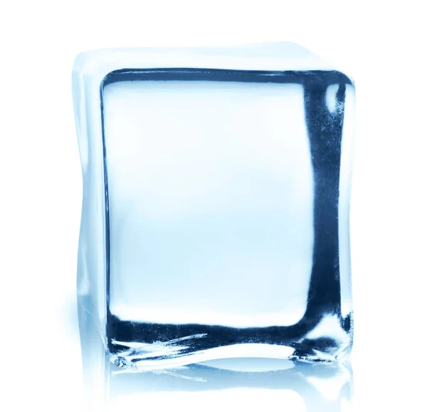 Transparent ice cube with reflection isolated on white. — Stock Photo, Image