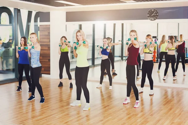 Grupo de mulheres jovens na classe de fitness, aeróbica — Fotografia de Stock