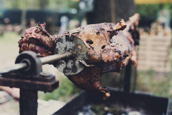 Lamb roasted at spit, meat barbecue