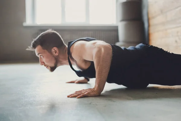 Young man fitness workout, push ups or plank — Stock Photo, Image