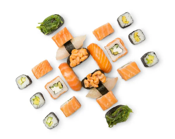 Set di sushi, maki e rotoli isolati su sfondo bianco — Foto Stock