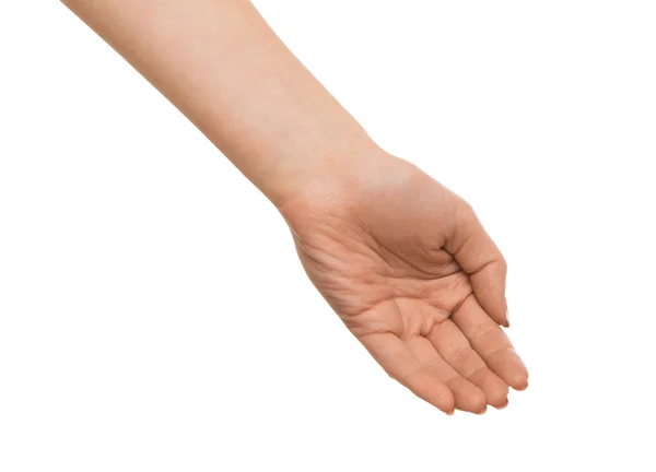 Woman outstretched open hand, cutout, top view — Stock Photo, Image