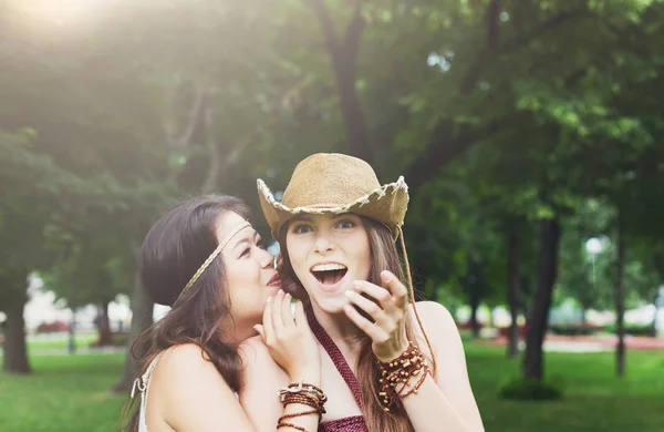 Two happy young girls in summer park — Stock Photo, Image