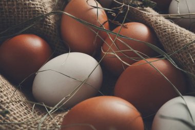 Torba, organik tarım arka plan beyaz ve kahverengi taze tavuk yumurta