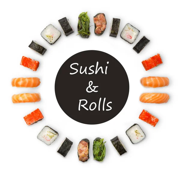 Zestaw sushi, maki i bułki na białym tle — Zdjęcie stockowe