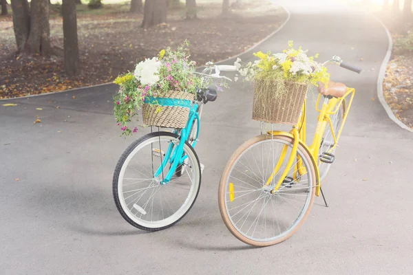 Biciclette da città gialle e turchesi con fiori in parco — Foto Stock
