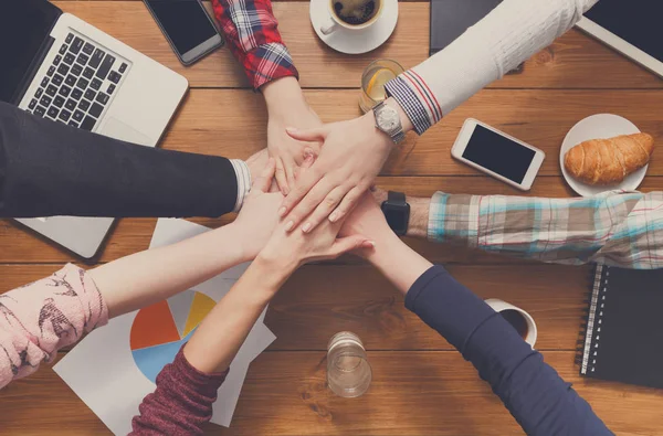 Teamwork and teambuilding concept in office, people connect hands — Stock Photo, Image